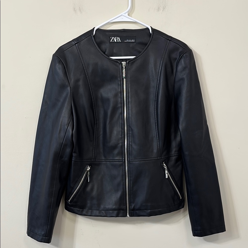 ZARA Faux Leather Zipper Bomber Jacket Size Large - Picture 2 of 9